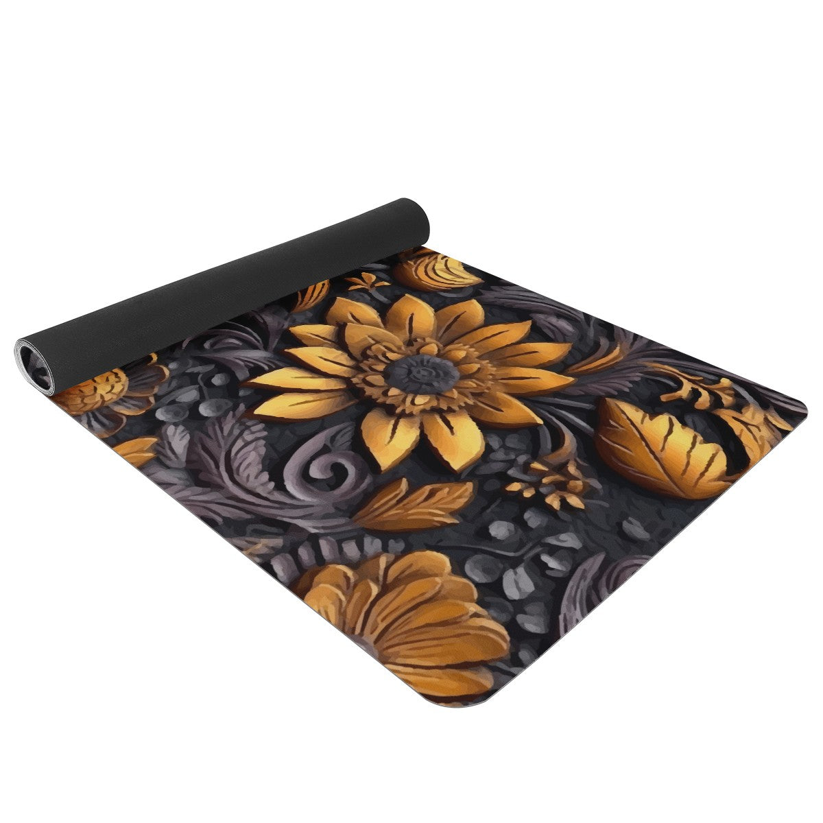 Gold Flowers Woodcut Yoga Mat