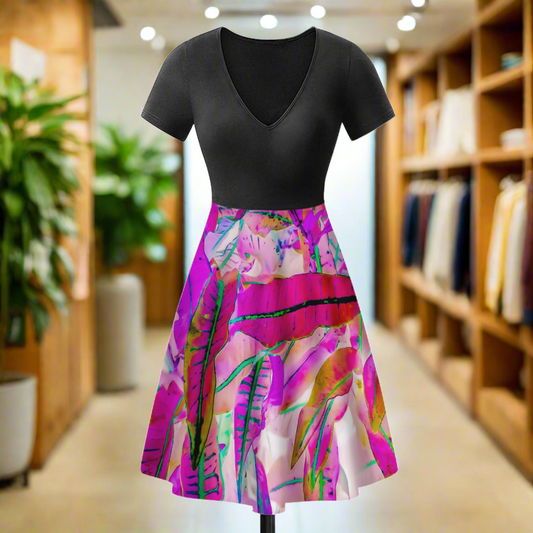 Purple Croton Black V-Neck Women Ruffle Bottom Dress