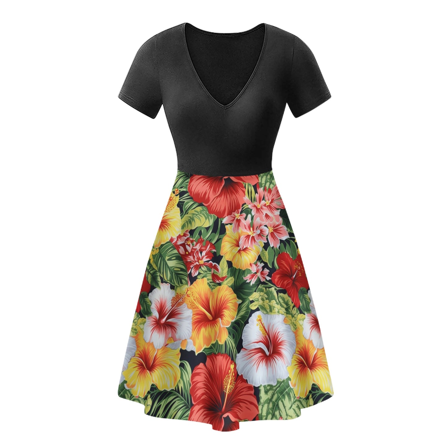 Hibiscus Black V-Neck Ruffle Bottom Dress