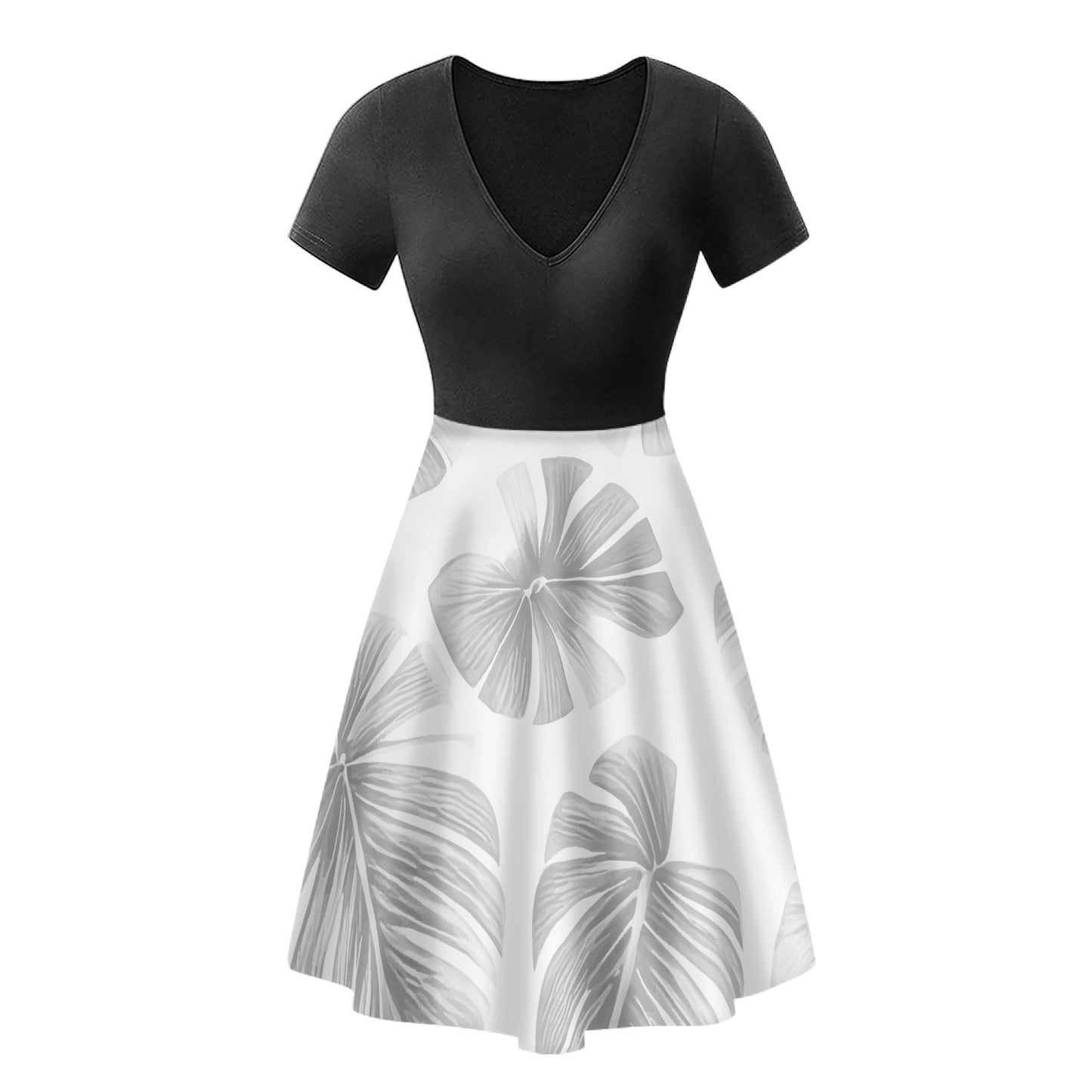 White Monstera Black V-Neck Ruffle Bottom Dress
