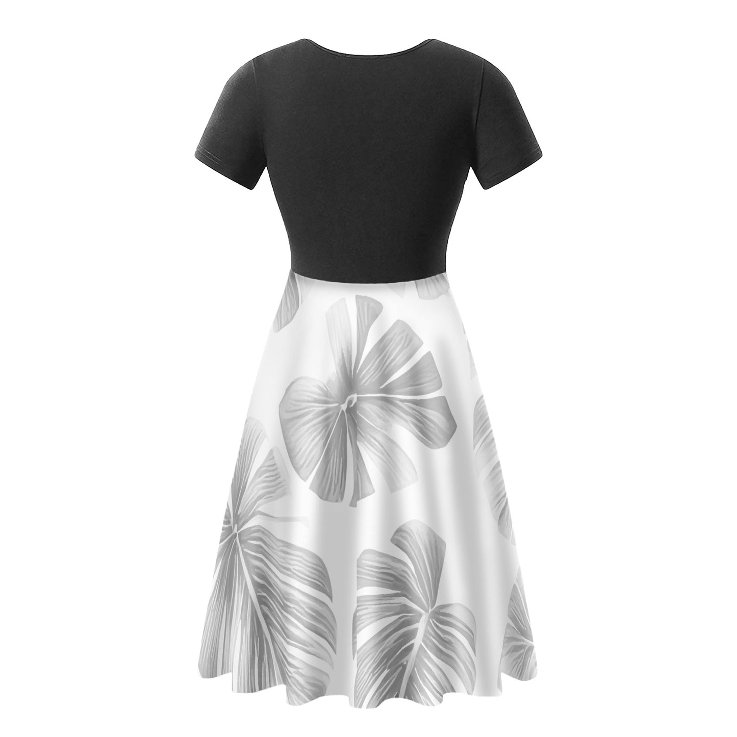 White Monstera Black V-Neck Ruffle Bottom Dress