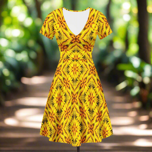 Yellow Toghu: Cameroon | Women V-Neck | Ruffle Bottom Dress