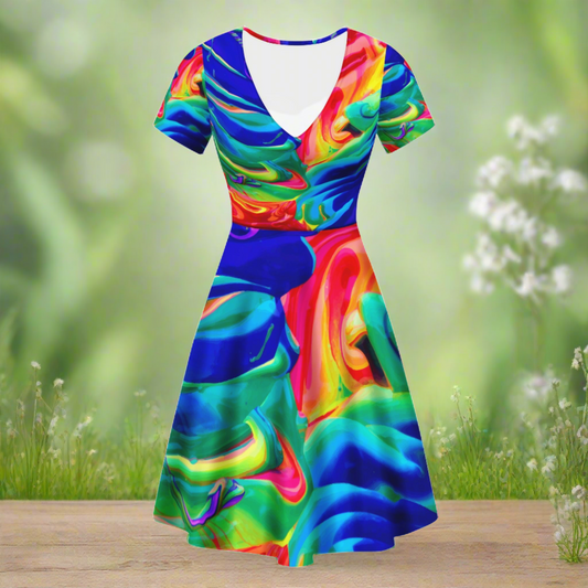 Rainbow Confusion V-Neck Women Ruffle Bottom Dress - Stylish, Versatile, and Perfect for Any Occasion