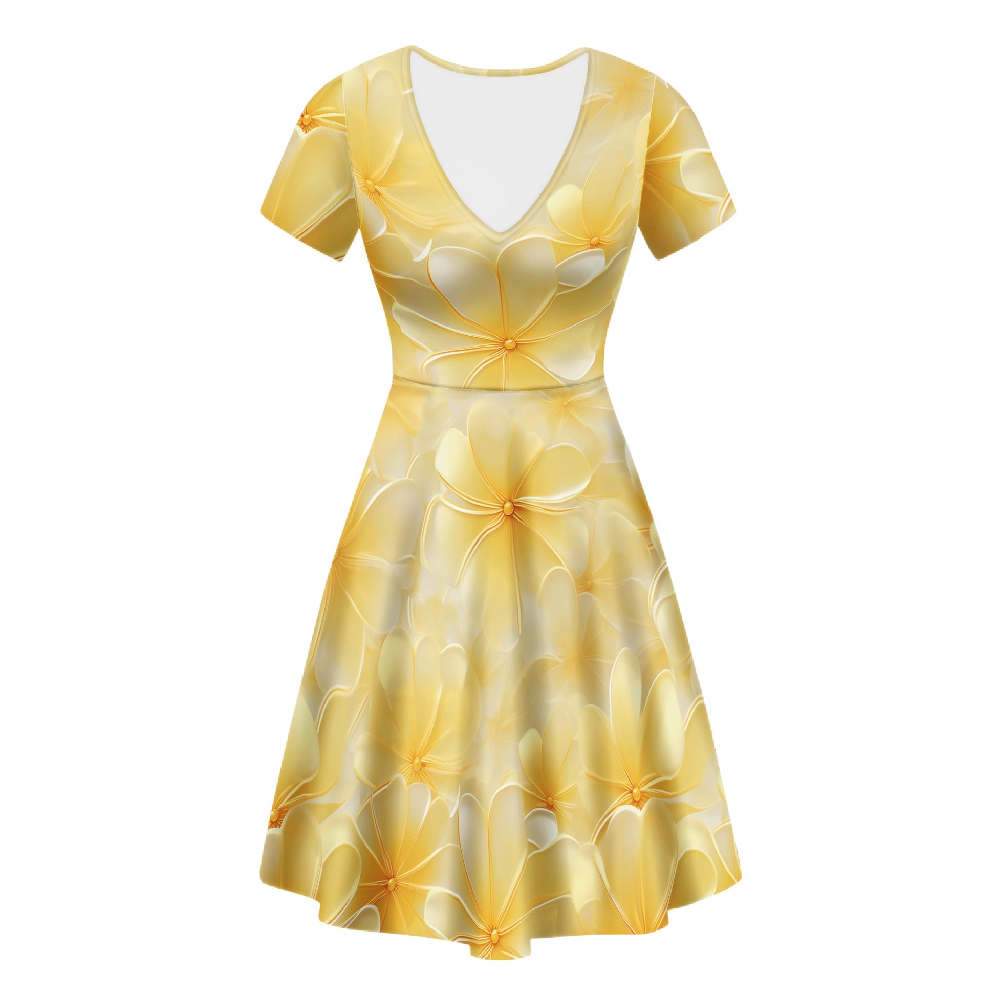 Luxtrini Yellow Plumeria Ruffle Bottom Dress - Handmade V-Neck Sexy Print, Office, Party & Casual Wear Women