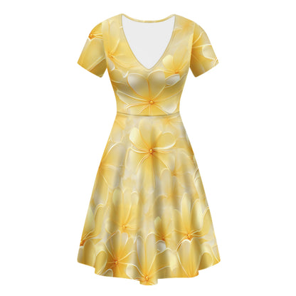 Luxtrini Yellow Plumeria Ruffle Bottom Dress - Handmade V-Neck Sexy Print, Office, Party & Casual Wear Women