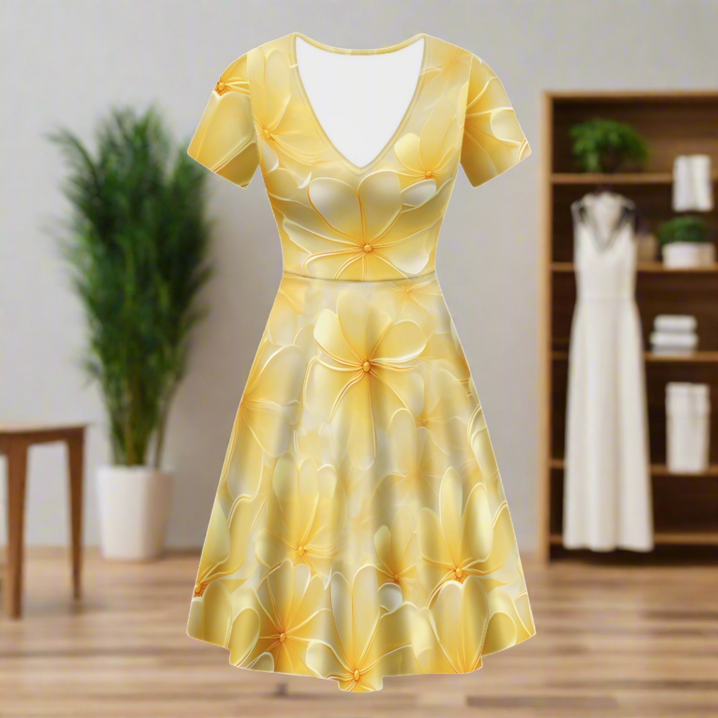 Luxtrini Yellow Plumeria Ruffle Bottom Dress - Handmade V-Neck Sexy Print, Office, Party & Casual Wear