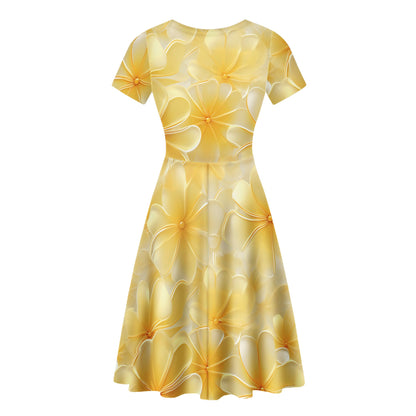 Luxtrini Yellow Plumeria Ruffle Bottom Dress - Handmade V-Neck Sexy Print, Office, Party & Casual Wear