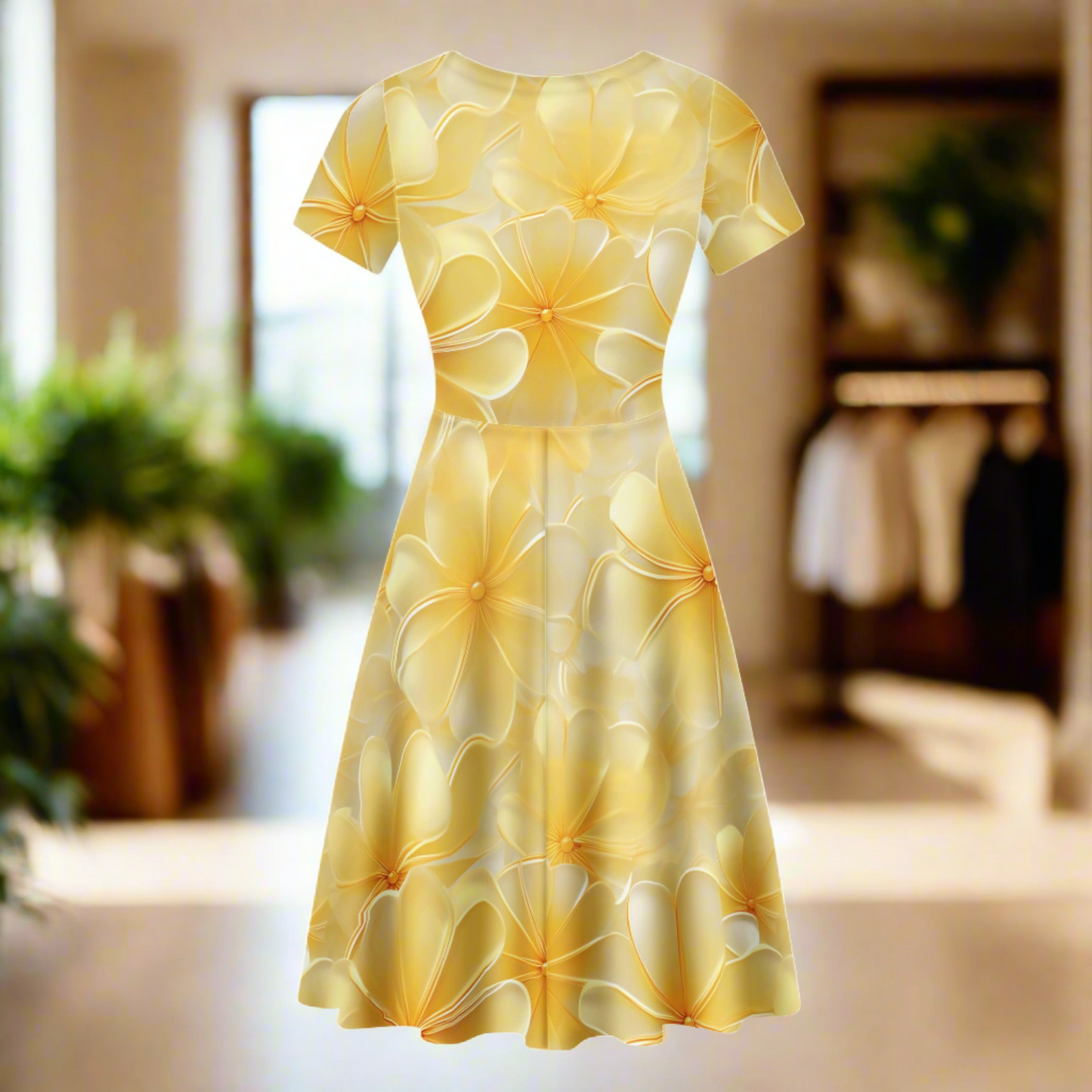 Luxtrini Yellow Plumeria Ruffle Bottom Dress - Handmade V-Neck Sexy Print, Office, Party & Casual Wear