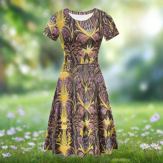 Hawaiian Golden Puakenikeni Women Scoop Neck Ruffle Dress - Tropical Elegance and Versatile Style