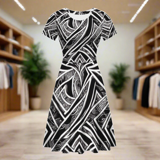 Black & White Polynesian Scoop Neck Ruffle Dress | Elegant, Versatile & Handcrafted