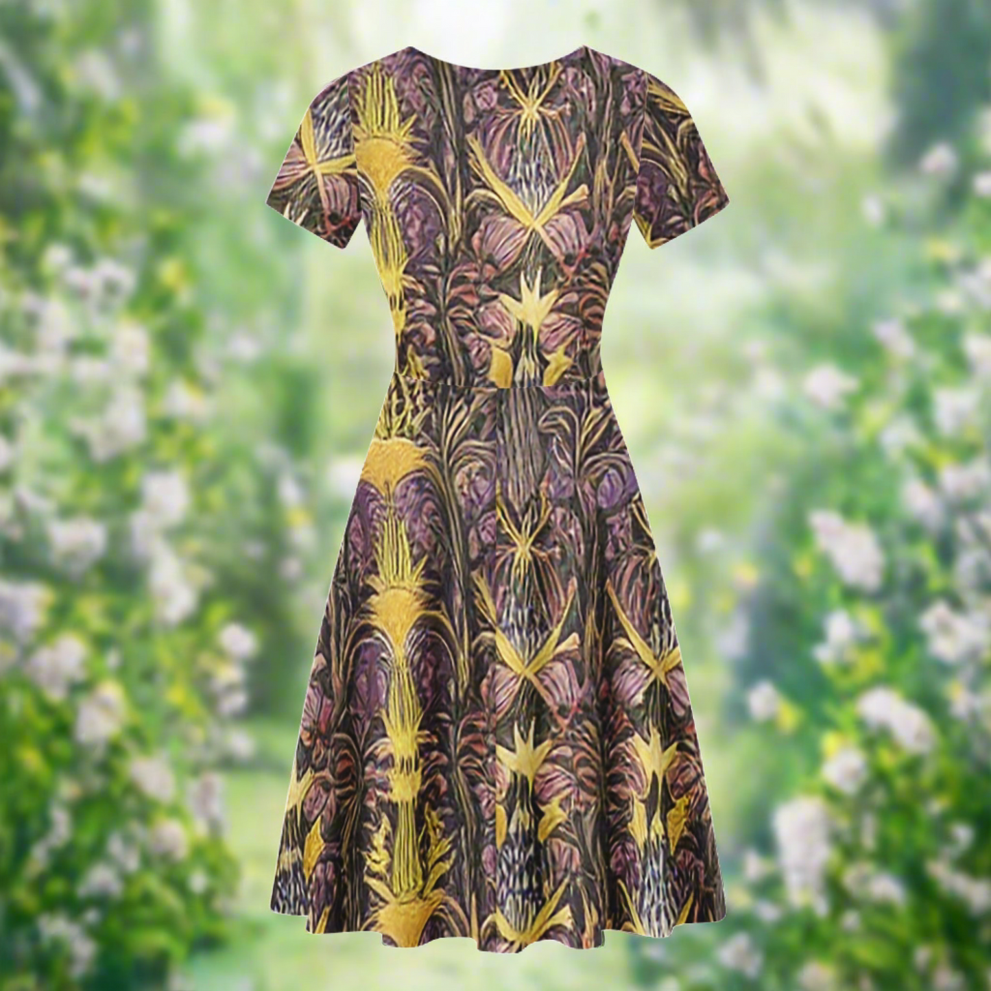 Hawaiian Golden Puakenikeni Women Scoop Neck Ruffle Dress - Tropical Elegance and Versatile Style