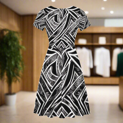 Black & White Polynesian Scoop Neck Ruffle Dress | Elegant, Versatile & Handcrafted