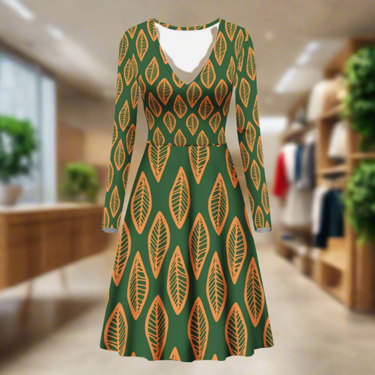 African | Ethnic | Mudcloth | #16 Green and Orange Women V-Neck Long Sleeve Ruffle Dress