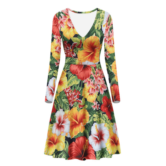 Hibiscus Women V-Neck Long Sleeve Ruffle Dress