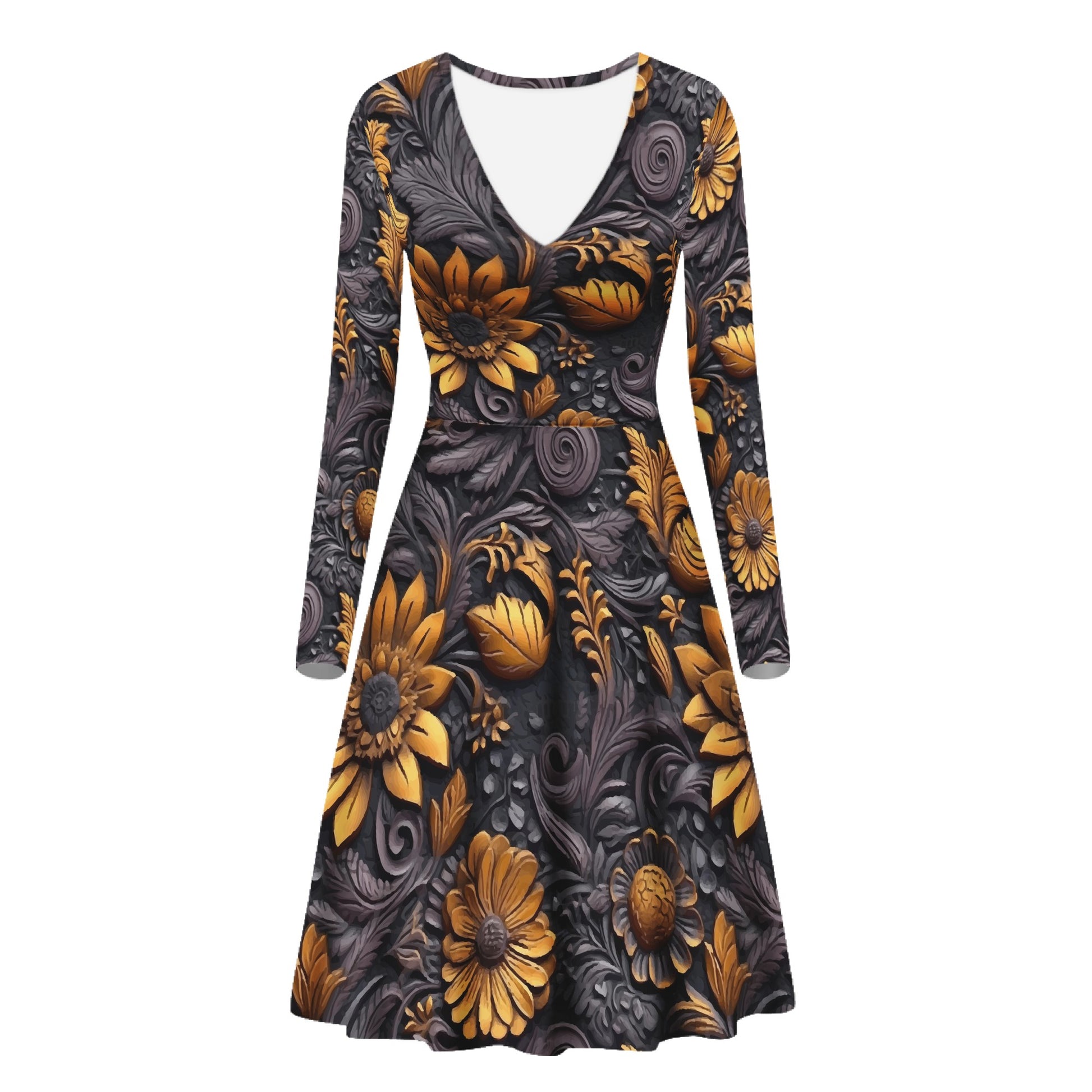 Gold Flowers Woodcut Women V-Neck Long Sleeve Ruffle Dress