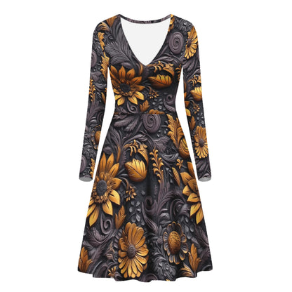 Gold Flowers Woodcut Women V-Neck Long Sleeve Ruffle Dress