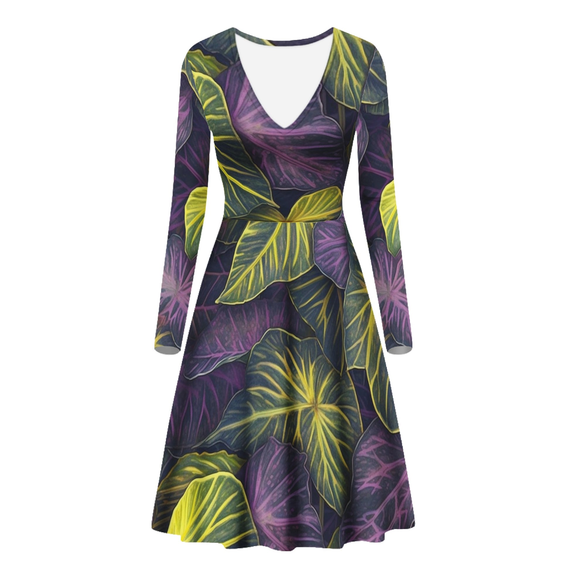 Luxtrini Iridescent Syngonium: Purple and Yellow Women V-Neck Long Sleeve Ruffle Dress