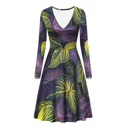 Luxtrini Iridescent Syngonium: Purple and Yellow Women V-Neck Long Sleeve Ruffle Dress