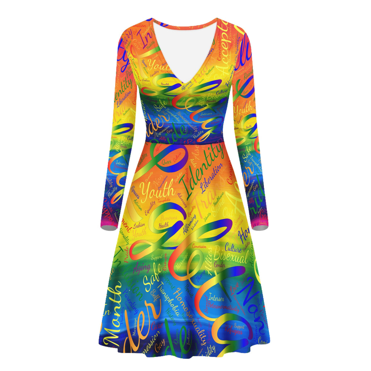 LGBTQ Word Cloud Women V-Neck Long Sleeve Ruffle Dress