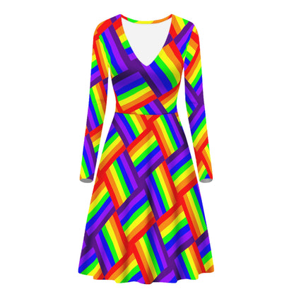 Rainbow Weave Women V-Neck Long Sleeve Ruffle Dress