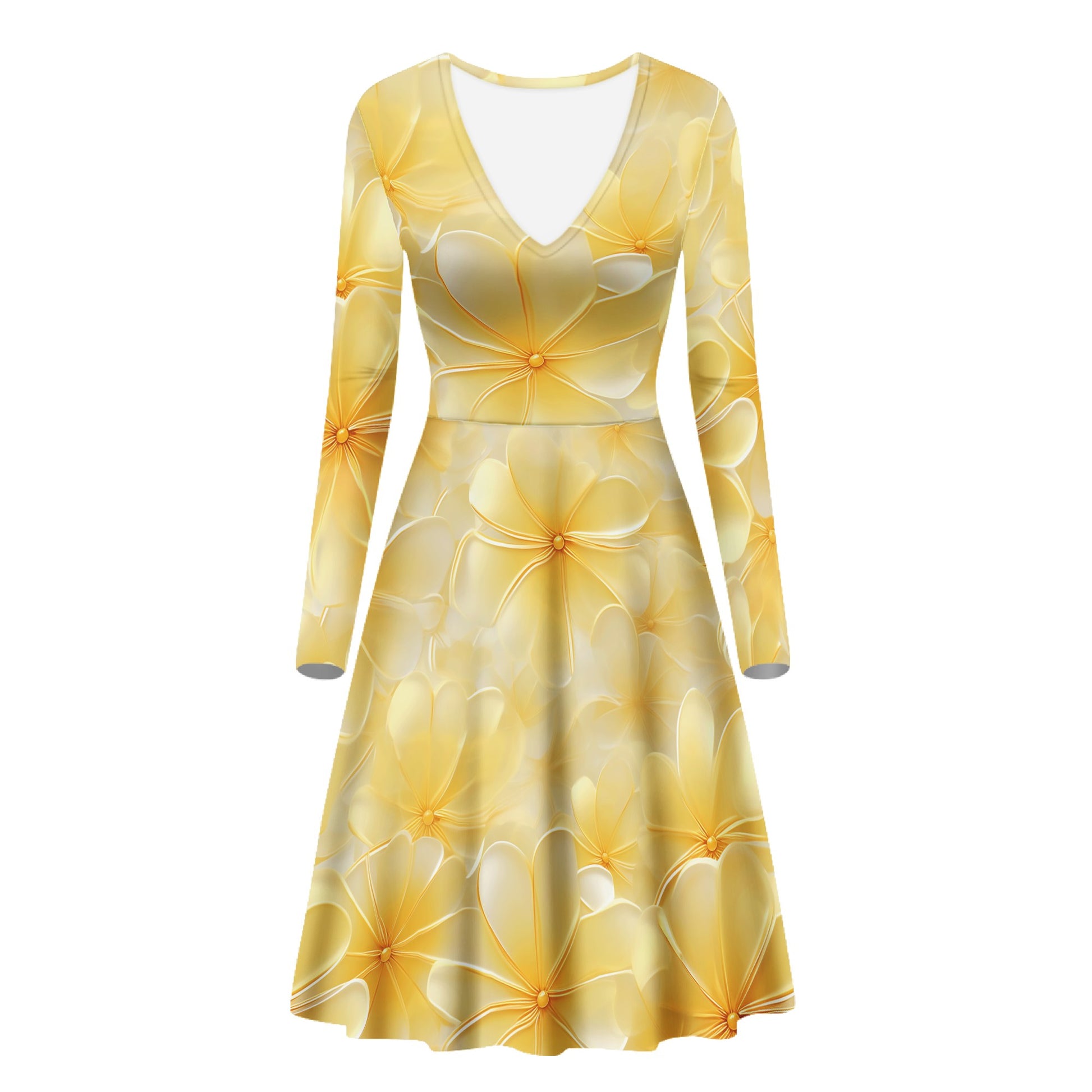 Yellow Plumeria Women V-Neck Long Sleeve Ruffle Dress