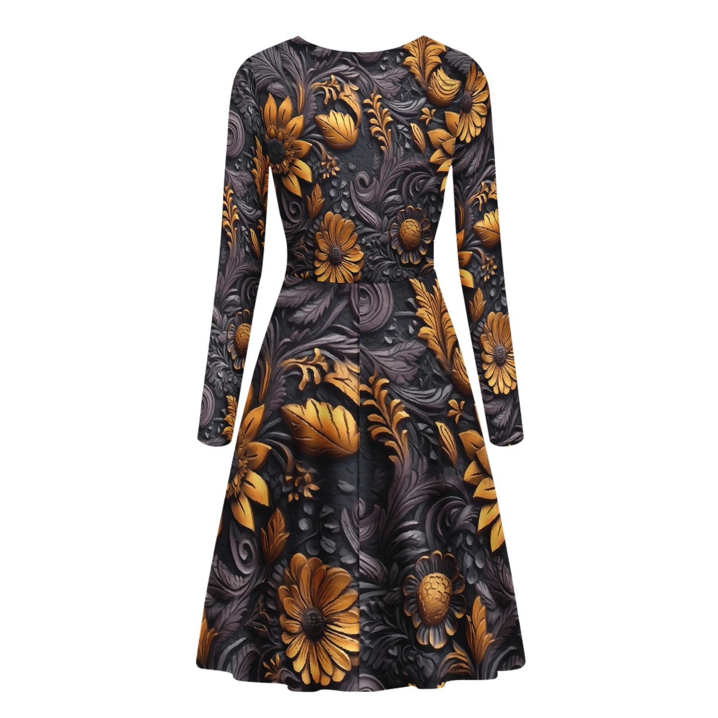 Gold Flowers Woodcut Women V-Neck Long Sleeve Ruffle Dress