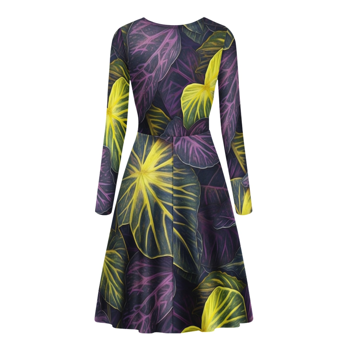 Luxtrini Iridescent Syngonium: Purple and Yellow Women V-Neck Long Sleeve Ruffle Dress