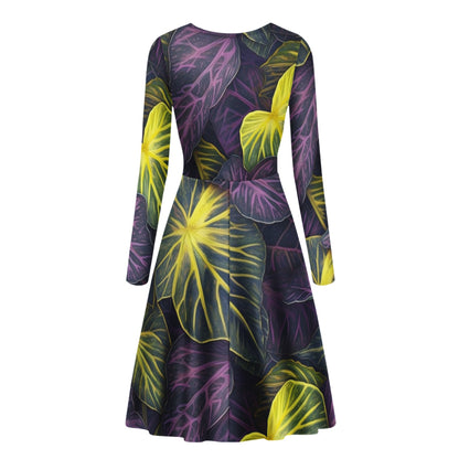 Luxtrini Iridescent Syngonium: Purple and Yellow Women V-Neck Long Sleeve Ruffle Dress