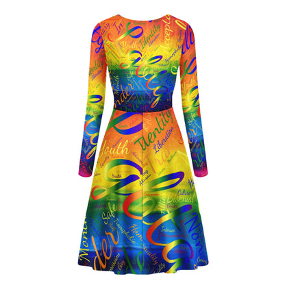 LGBTQ Word Cloud Women V-Neck Long Sleeve Ruffle Dress