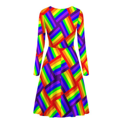 Rainbow Weave Women V-Neck Long Sleeve Ruffle Dress