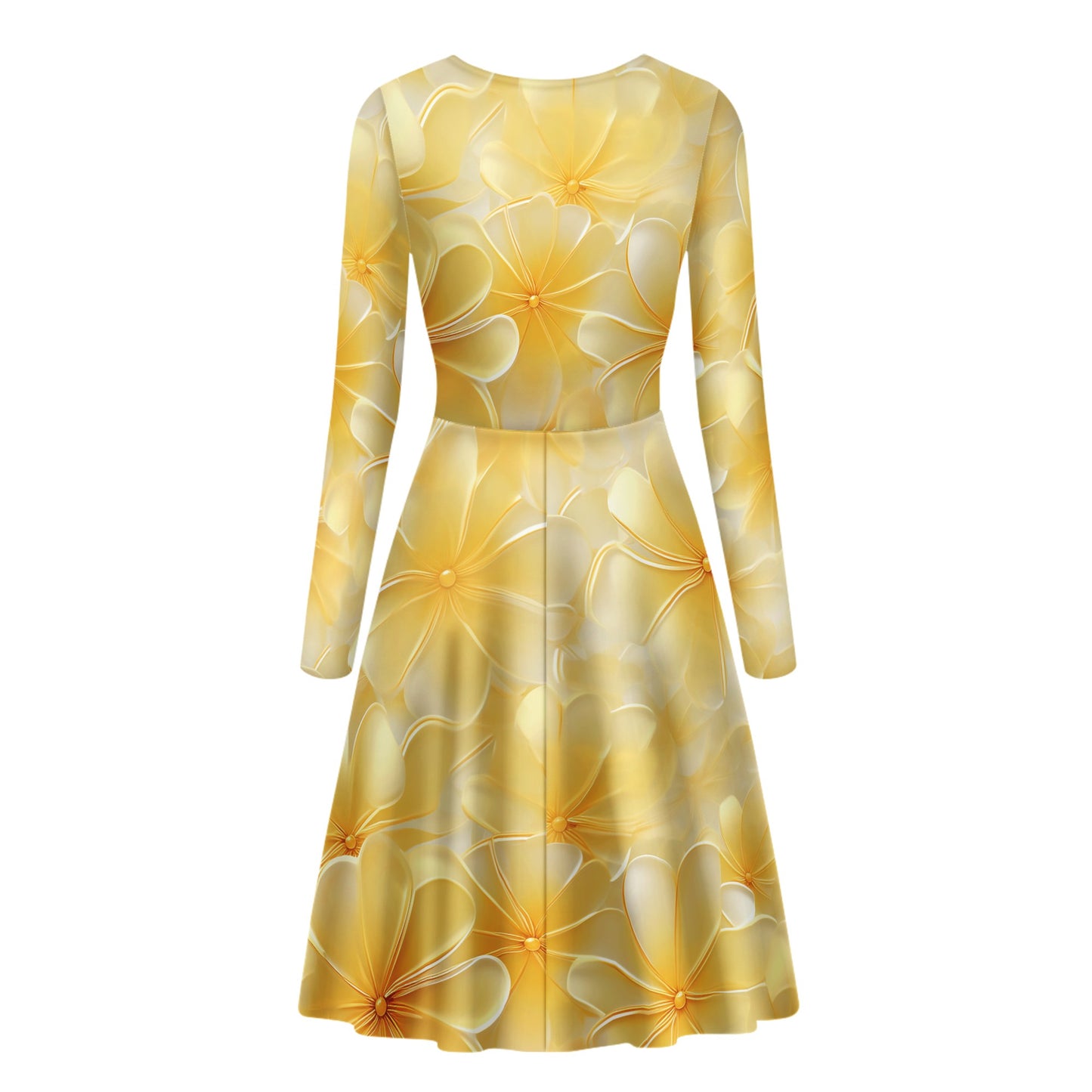 Yellow Plumeria Women V-Neck Long Sleeve Ruffle Dress
