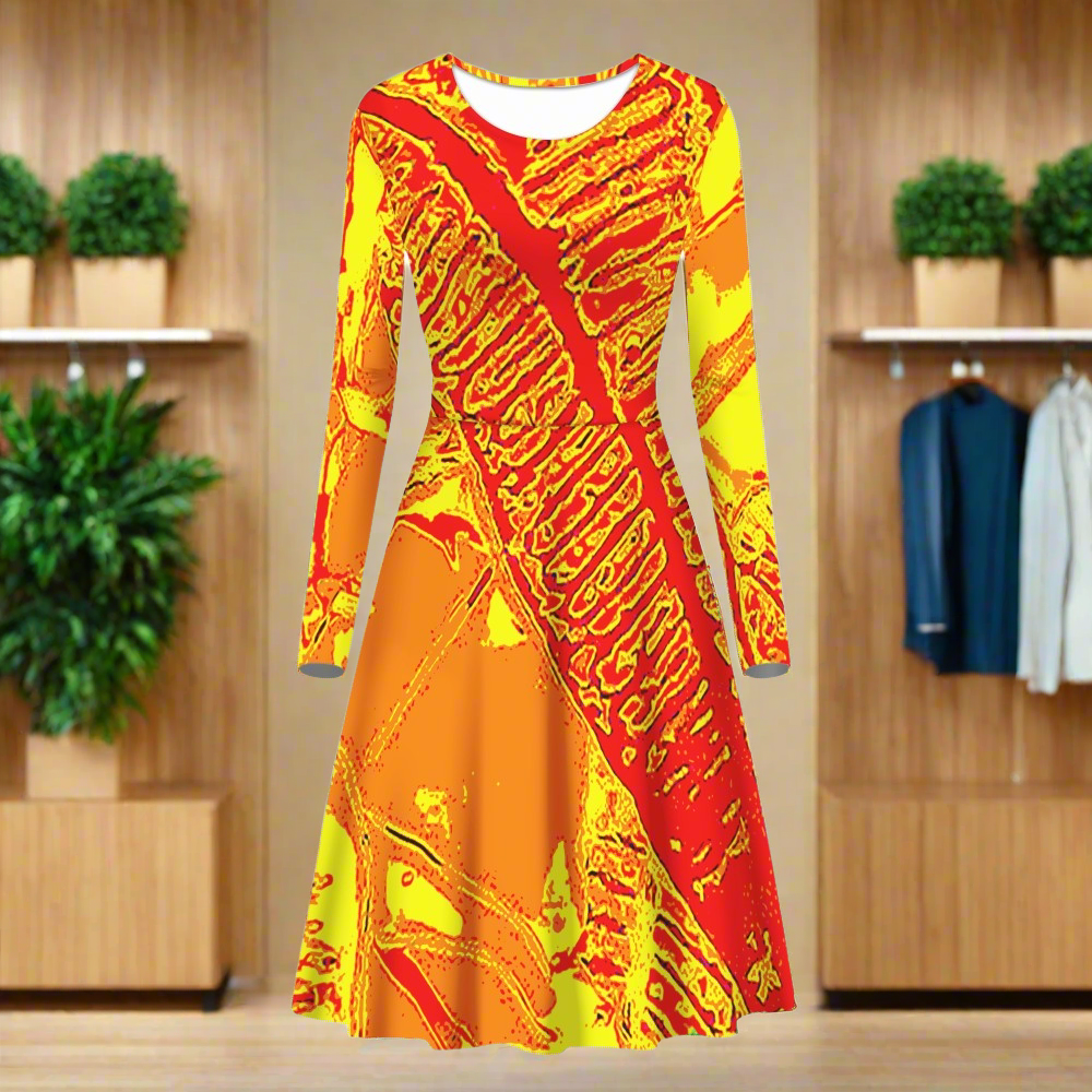 Orange Croton Women Scoop Neck Long Sleeve Ruffle Dress