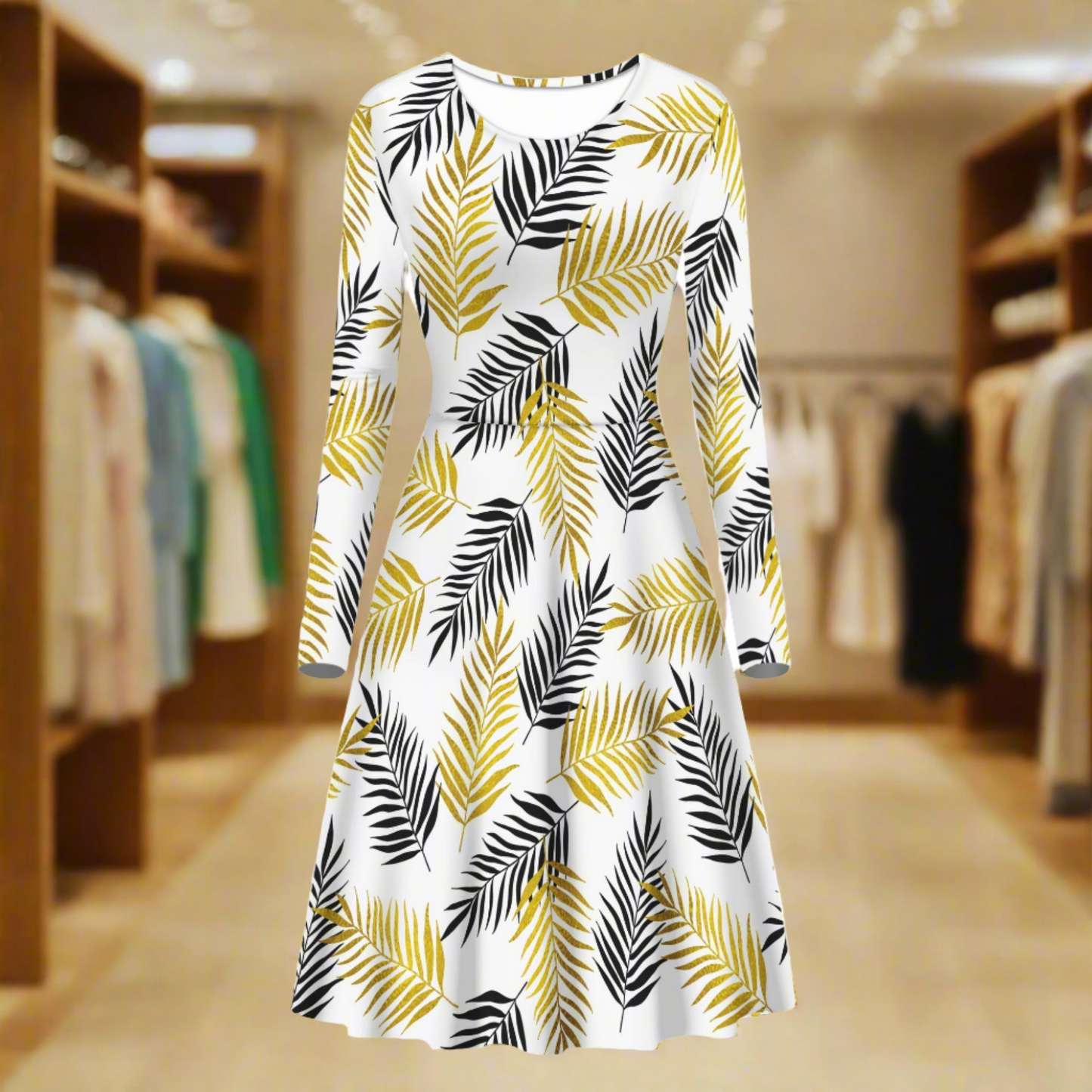 Black and Gold Palm Branches Women Scoop Neck Long Sleeve Ruffle Dress