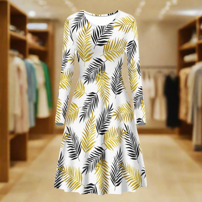 Black and Gold Palm Branches Women Scoop Neck Long Sleeve Ruffle Dress