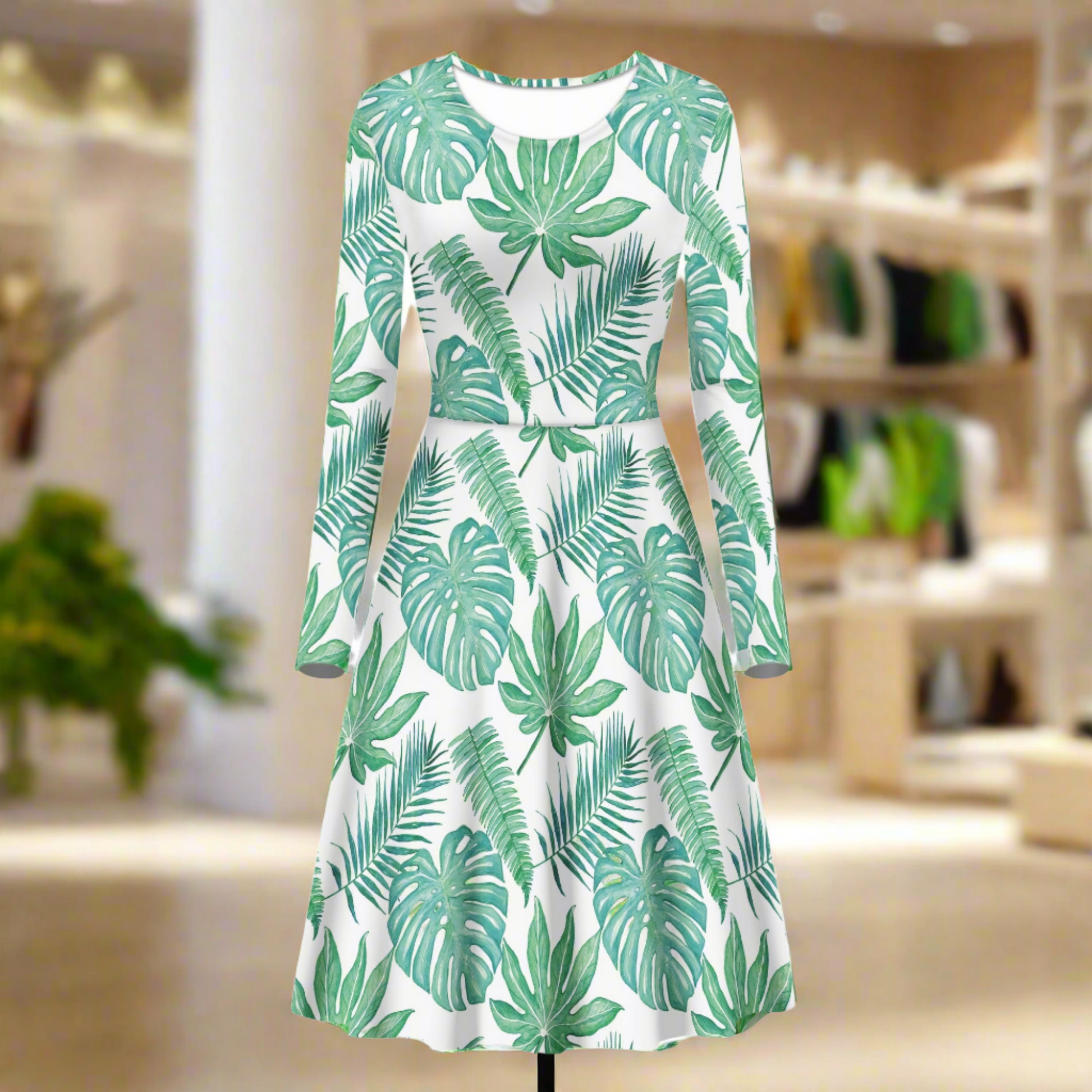 Palm and Monstera Leaf Green Pattern Women Scoop Neck Long Sleeve Ruffle Dress