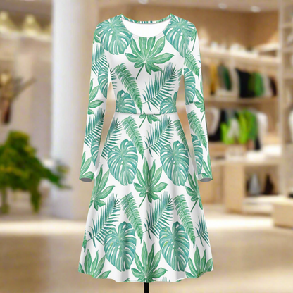 Palm and Monstera Leaf Green Pattern Women Scoop Neck Long Sleeve Ruffle Dress