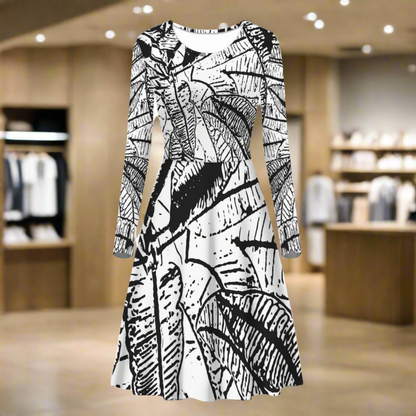 Black and White Croton Women Scoop Neck Long Sleeve Ruffle Dress