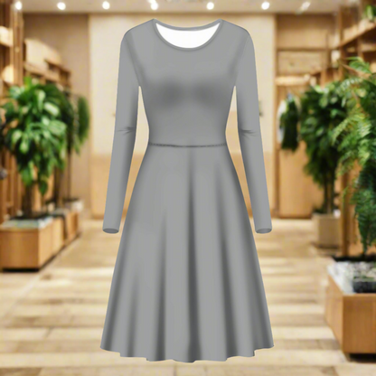 Silver Gray Women Scoop Neck Long Sleeve Ruffle Dress
