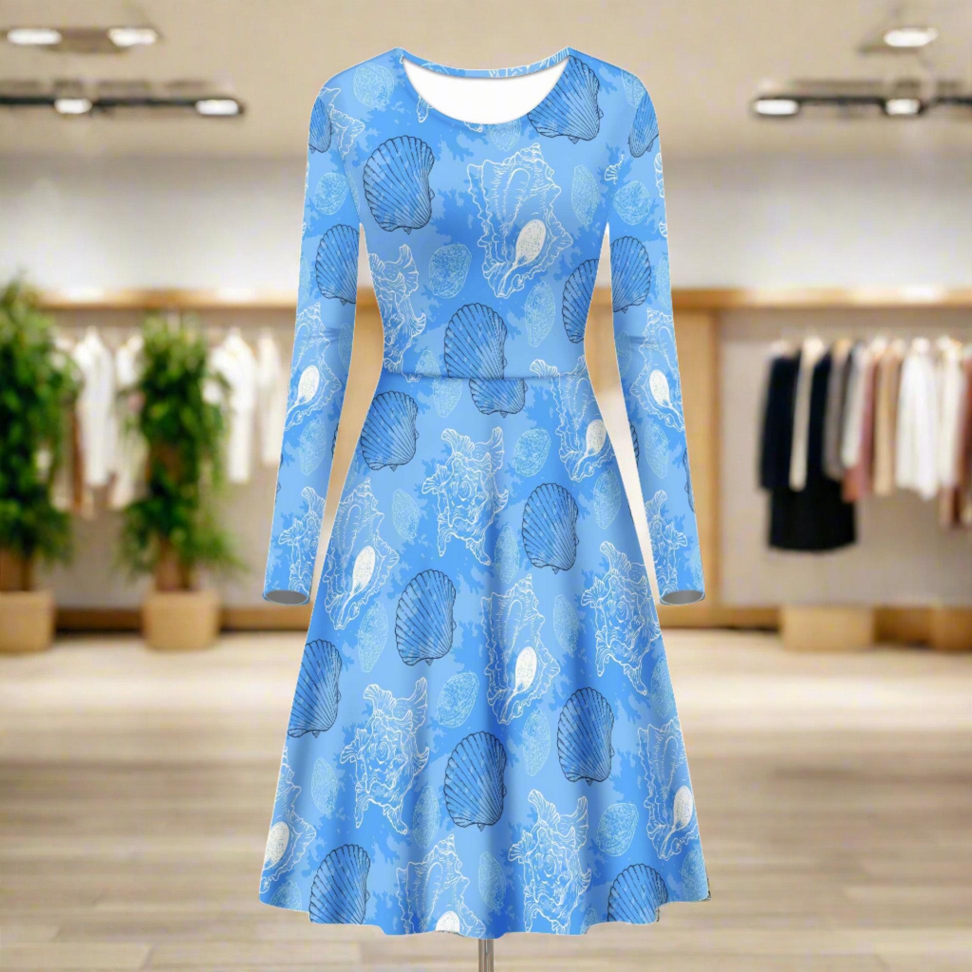 Blue Seashell Ocean Women Scoop Neck Long Sleeve Ruffle Dress