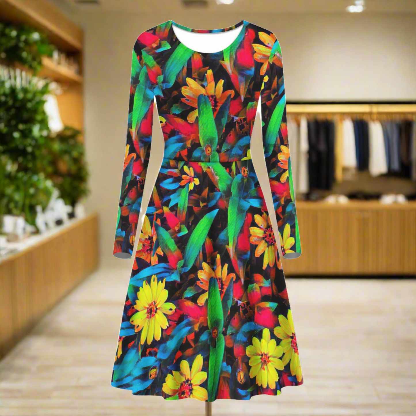 Colorful Daisies Women Scoop Neck Long Sleeve Ruffle Dress