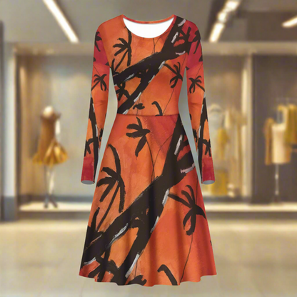 Bamboo at Sunset Women Scoop Neck Long Sleeve Ruffle Dress