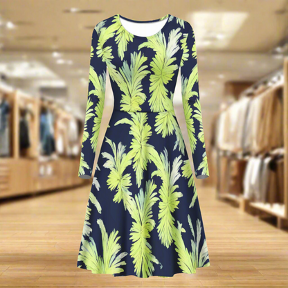 Palm Fronds Long Sleeve Scoop Neck Ruffle Dress - Women's Dress