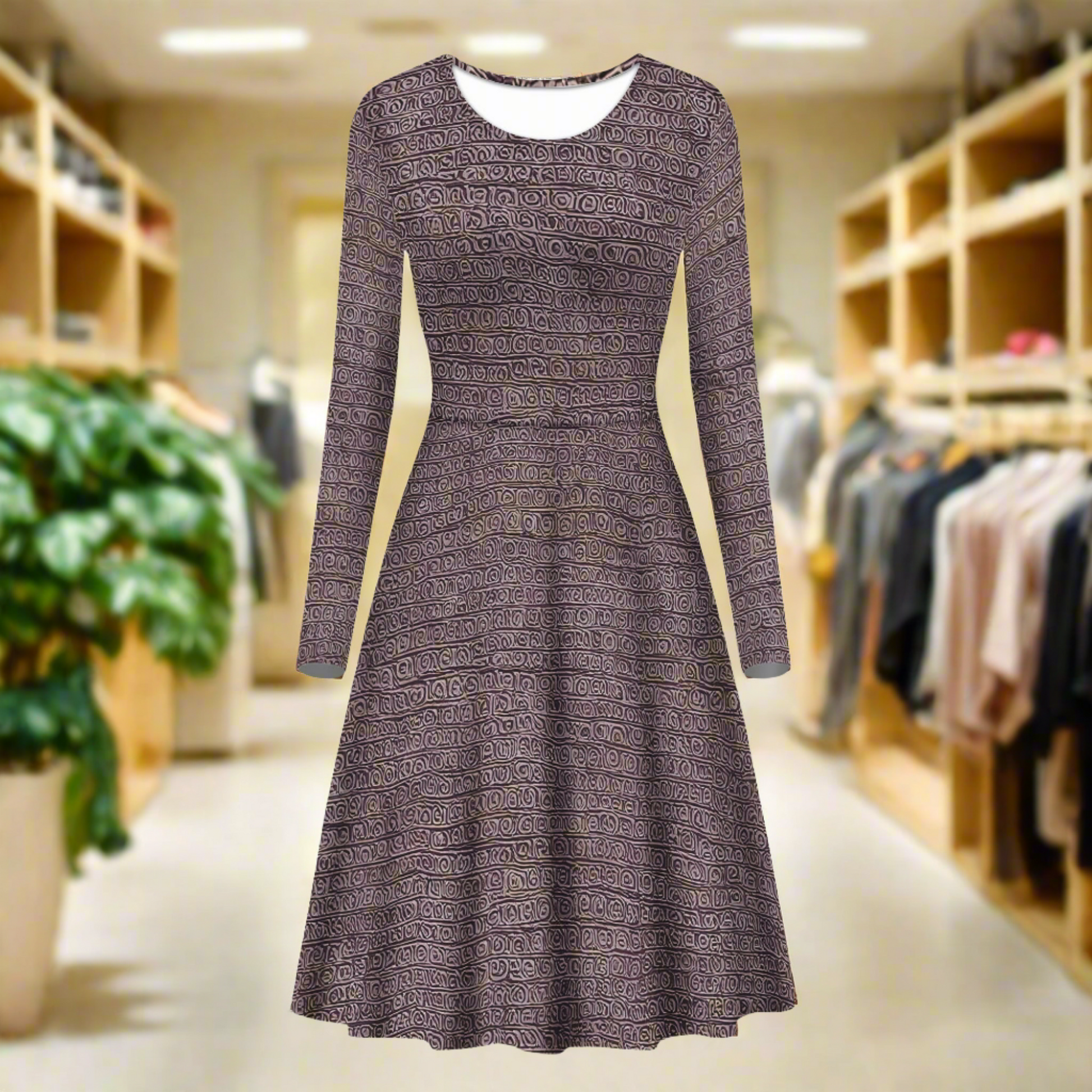 African Ethnic Mudcloth Long Sleeve Scoop Neck Ruffle Dress - Women's Custom Dress