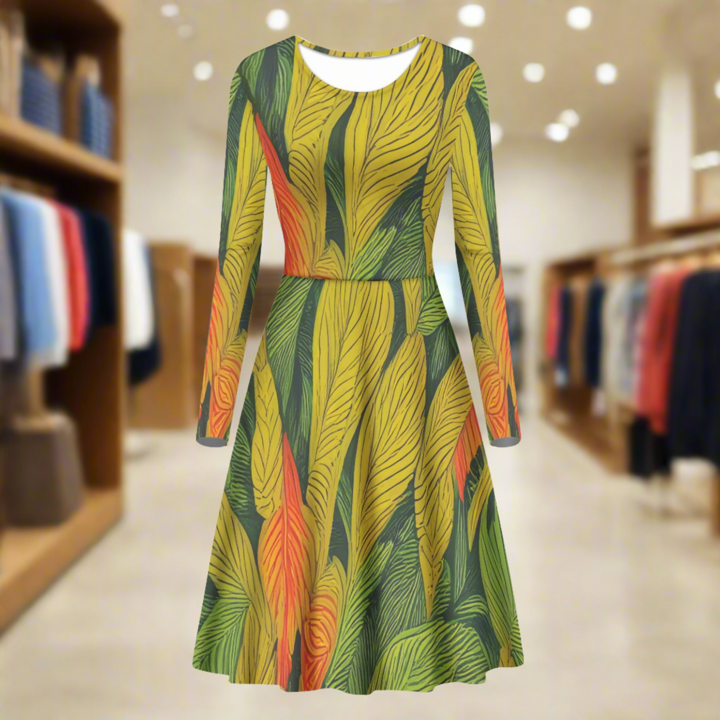 Green, Yellow, orange Leaves Long Sleeve Scoop Neck Ruffle Dress - Women's Custom Dress