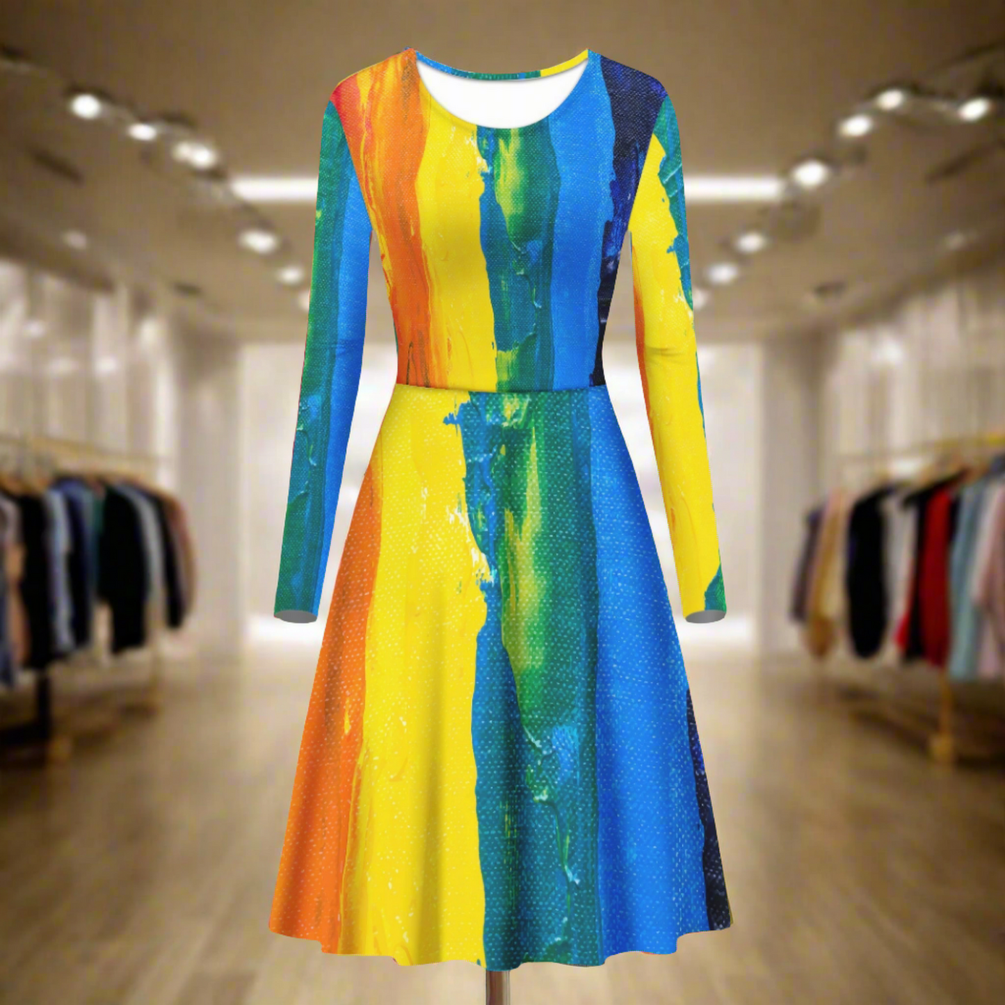 Rainbow Painting Women Scoop Neck Long Sleeve Ruffle Dress