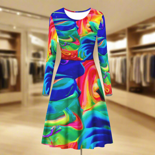 Rainbow Confusion Women Scoop Neck Long Sleeve Ruffle Dress