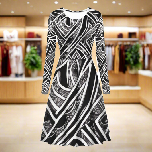 Black and White Polynesian Long Sleeve Scoop Neck Ruffle Dress - Women's Custom Dress