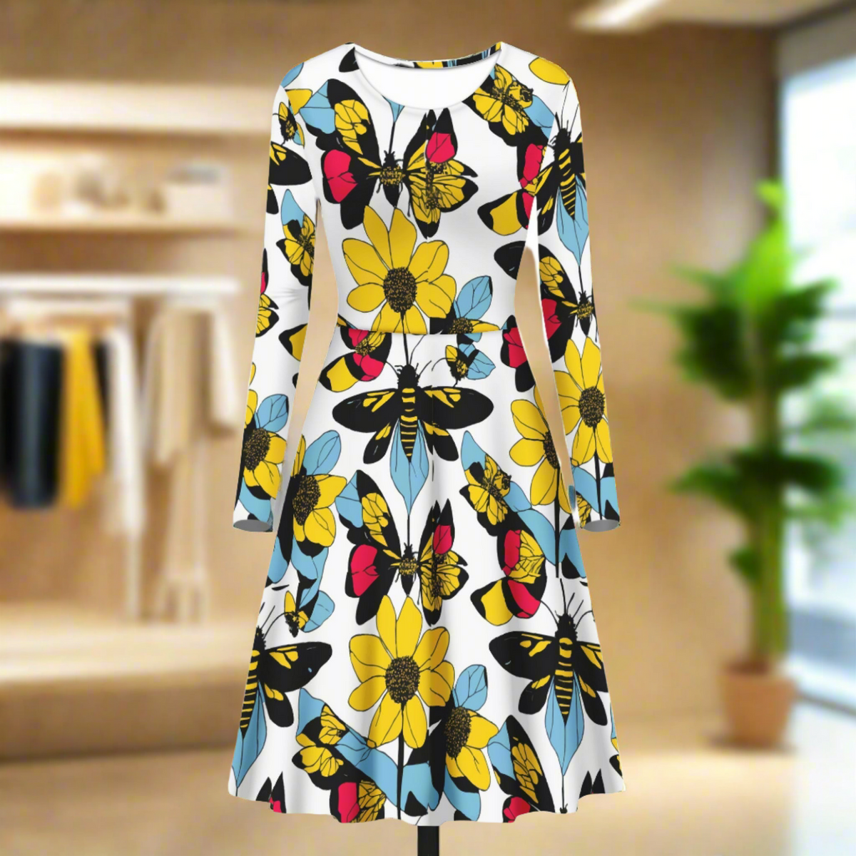 Bees and Sunflowers Long Sleeve Scoop Neck Ruffle Dress - Women's Custom Dress