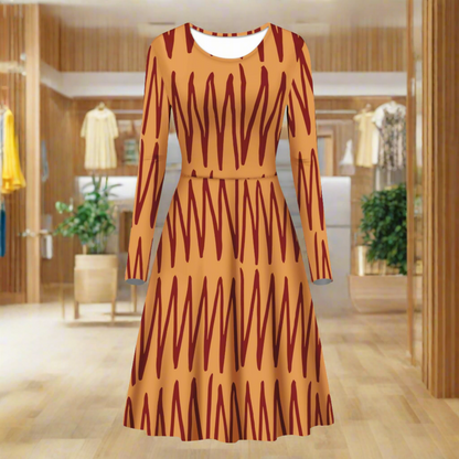 African Ethnic Mudcloth Orange Long Sleeve Scoop Neck Ruffle Dress - Women's Custom Dress