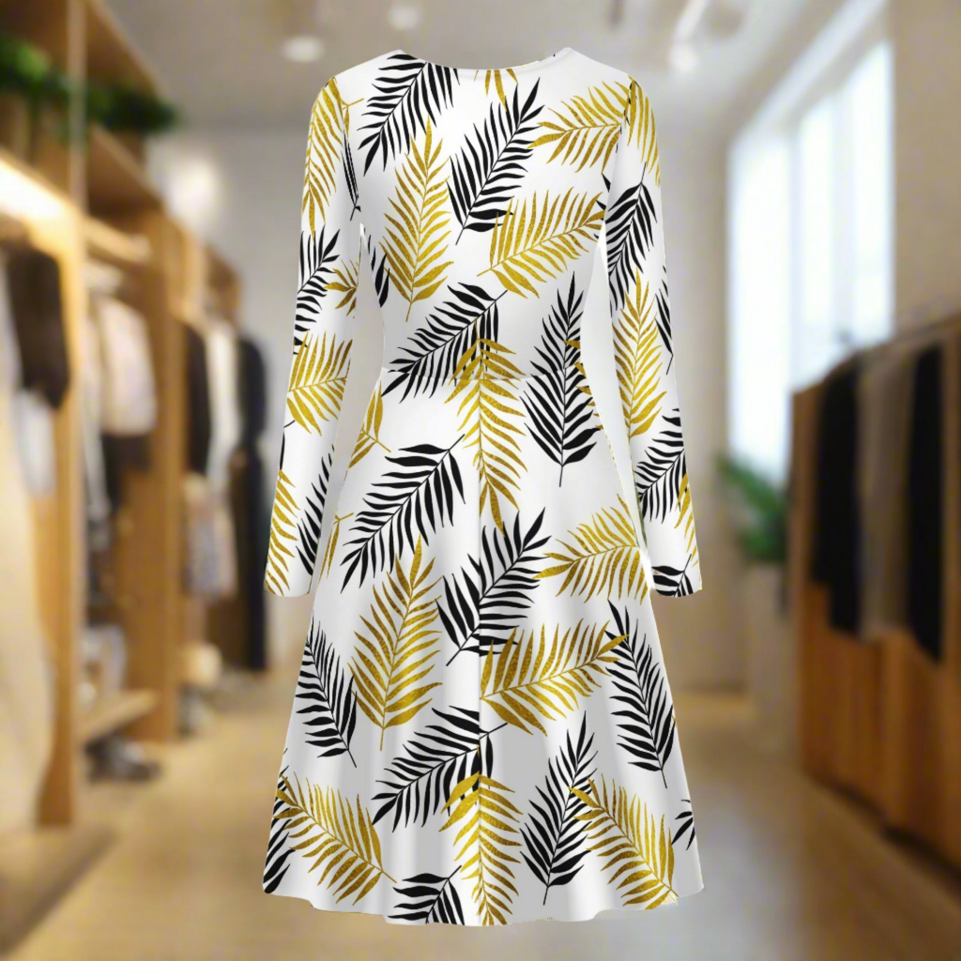 Black and Gold Palm Branches Women Scoop Neck Long Sleeve Ruffle Dress